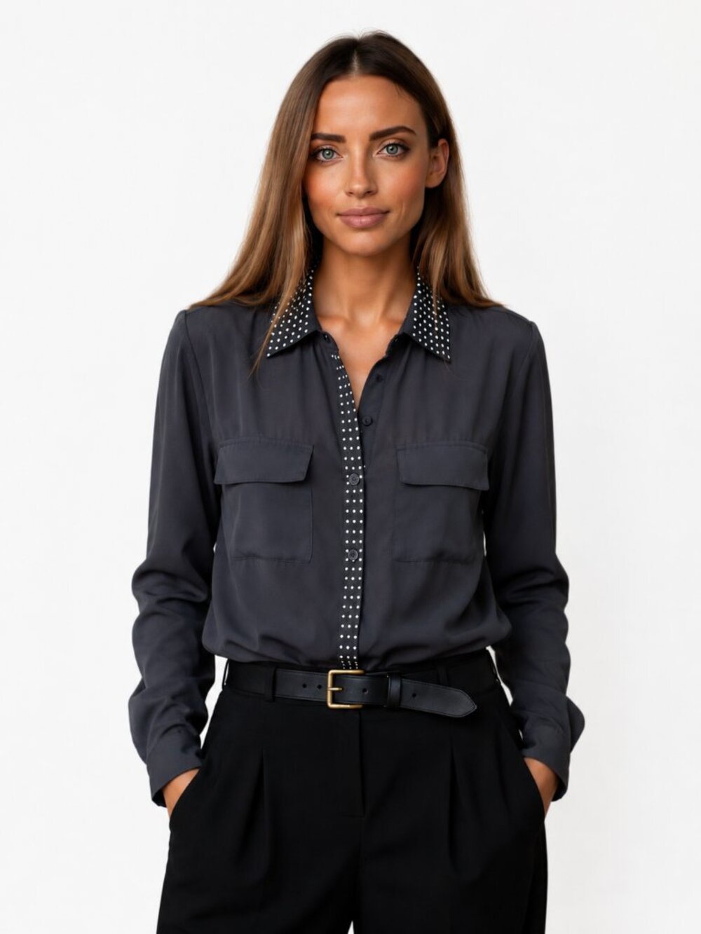 Sheer black blouse with silver stud accents